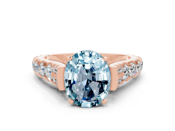 Rose gold Oval Cut Aquamarine Classic Solitaire Ring with Pavé Band and Four-Prong Setting
