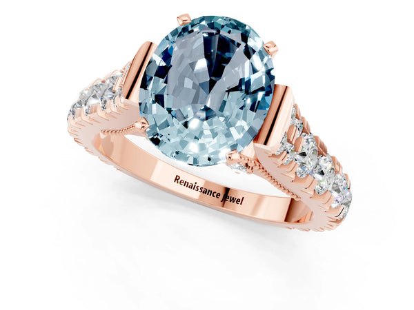 Rose gold Oval Cut Aquamarine Classic Solitaire Ring with Pavé Band and Four-Prong Setting