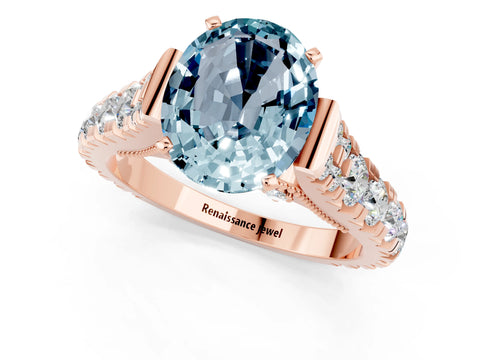 Rose gold Oval Cut Aquamarine Classic Solitaire Ring with Pavé Band and Four-Prong Setting_1