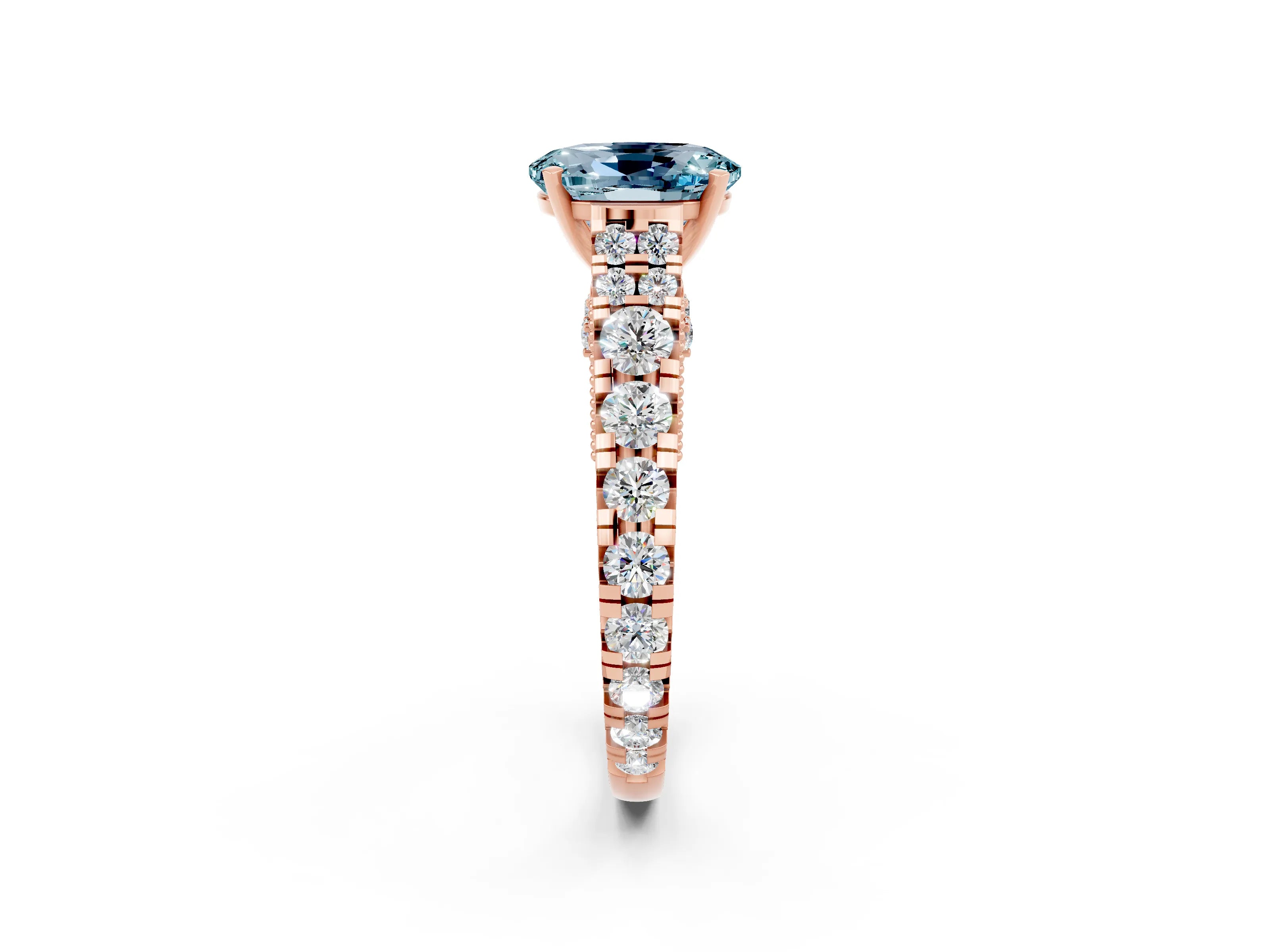 Rose gold Oval Cut Aquamarine Classic Solitaire Ring with Pavé Band and Four-Prong Setting_2