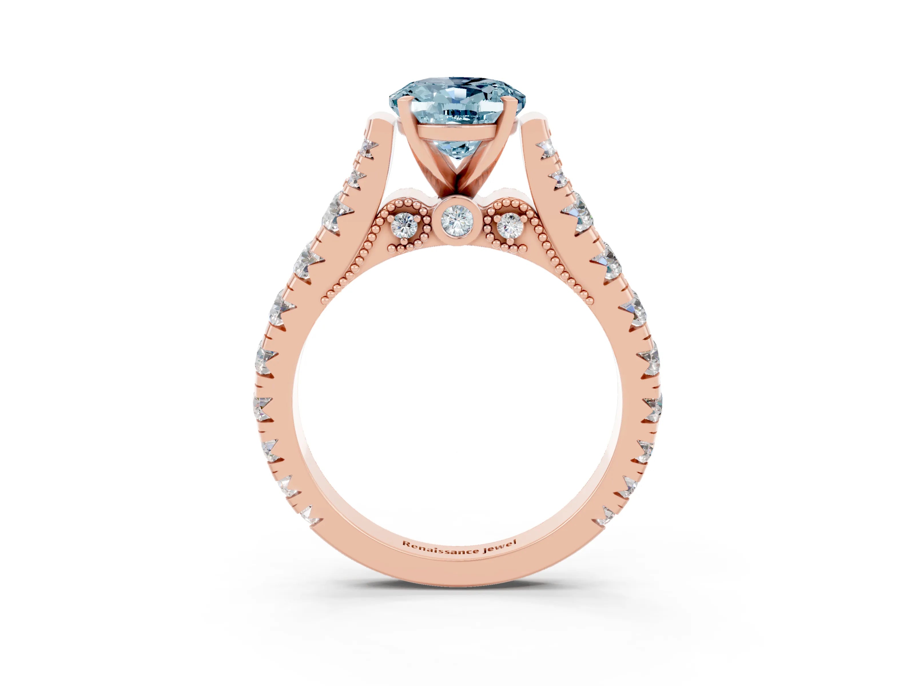 Rose gold Oval Cut Aquamarine Classic Solitaire Ring with Pavé Band and Four-Prong Setting_3