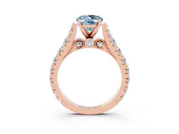 Rose gold Oval Cut Aquamarine Classic Solitaire Ring with Pavé Band and Four-Prong Setting