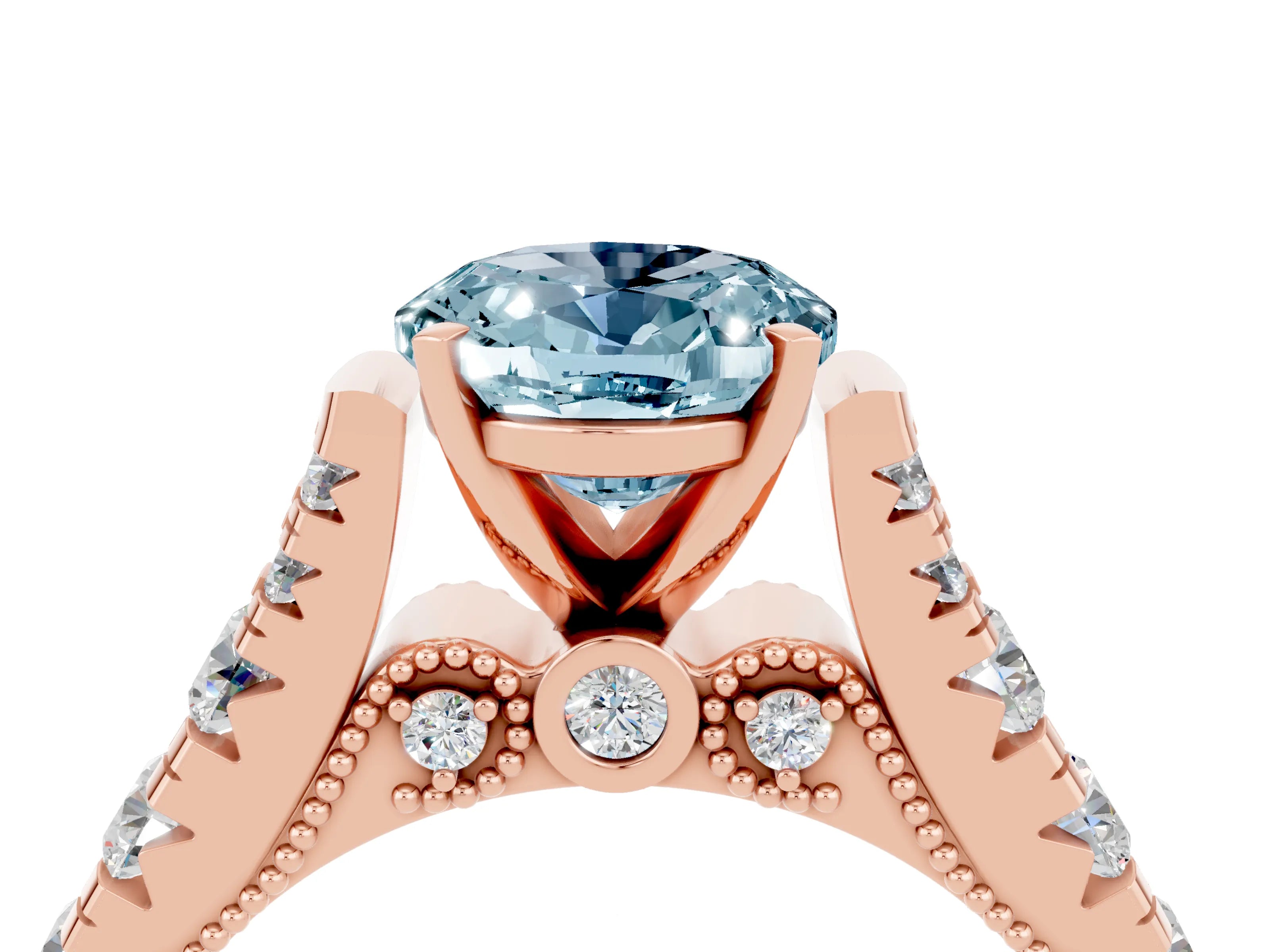 Rose gold Oval Cut Aquamarine Classic Solitaire Ring with Pavé Band and Four-Prong Setting_4