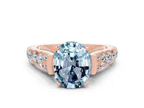 Rose gold Oval Cut Aquamarine Classic Solitaire Ring with Pavé Band and Four-Prong Setting