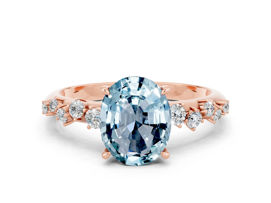 Rose gold Oval Cut Aquamarine Cluster Side Stone Solitaire Ring with Prong Setting_24