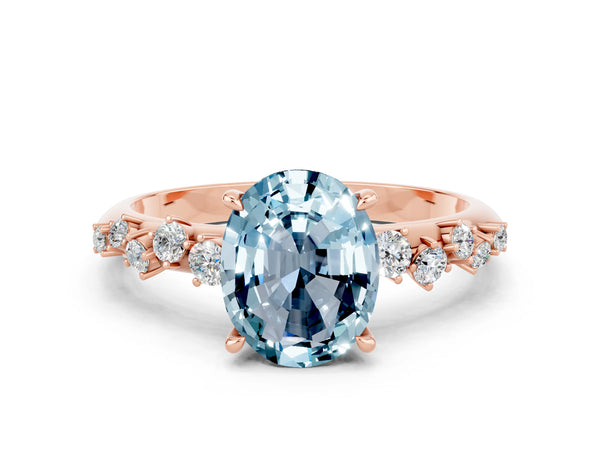 Rose gold Oval Cut Aquamarine Cluster Side Stone Solitaire Ring with Prong Setting