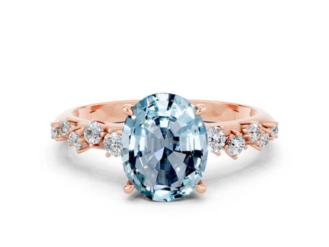 Rose gold Oval Cut Aquamarine Cluster Side Stone Solitaire Ring with Prong Setting_24