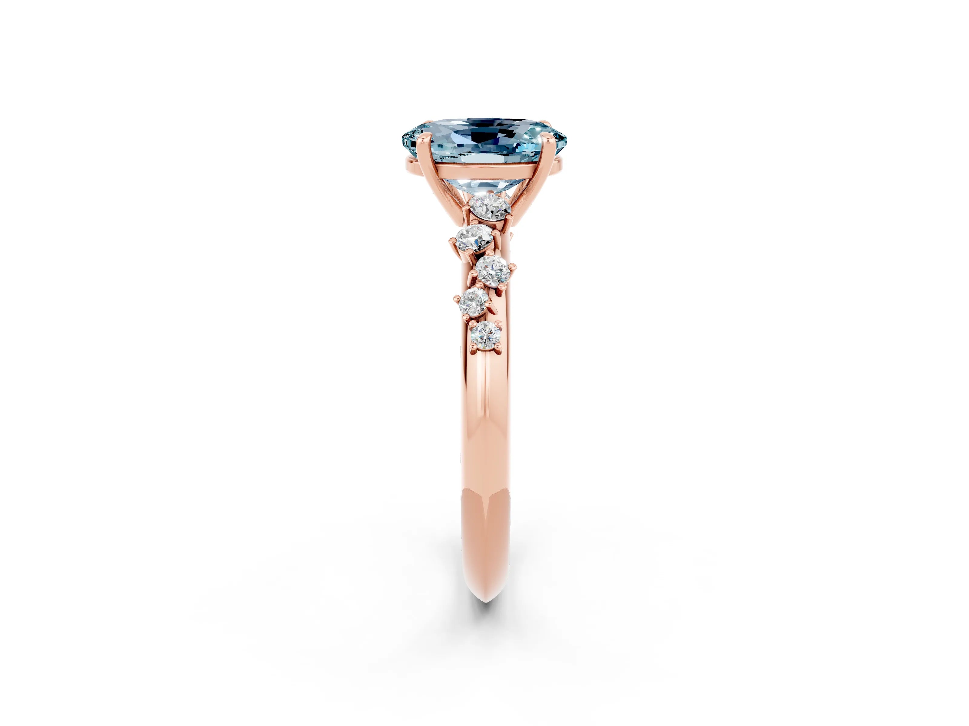 Rose gold Oval Cut Aquamarine Cluster Side Stone Solitaire Ring with Prong Setting_26
