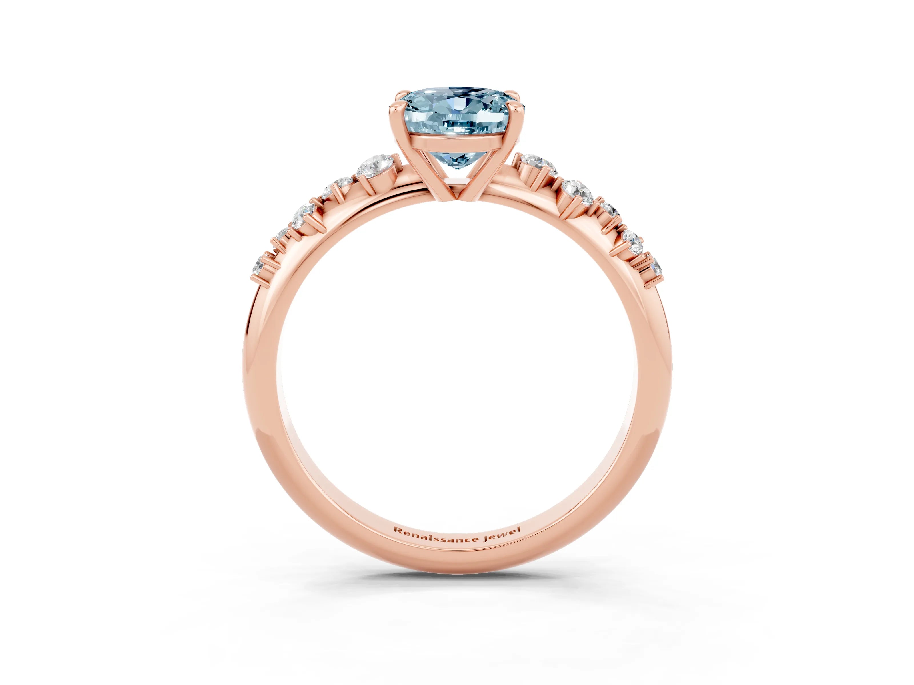 Rose gold Oval Cut Aquamarine Cluster Side Stone Solitaire Ring with Prong Setting_27