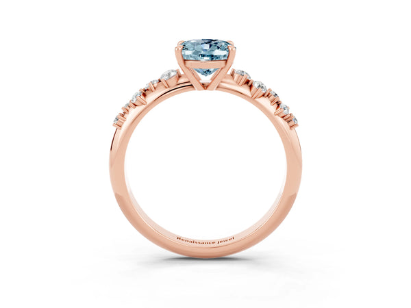 Rose gold Oval Cut Aquamarine Cluster Side Stone Solitaire Ring with Prong Setting