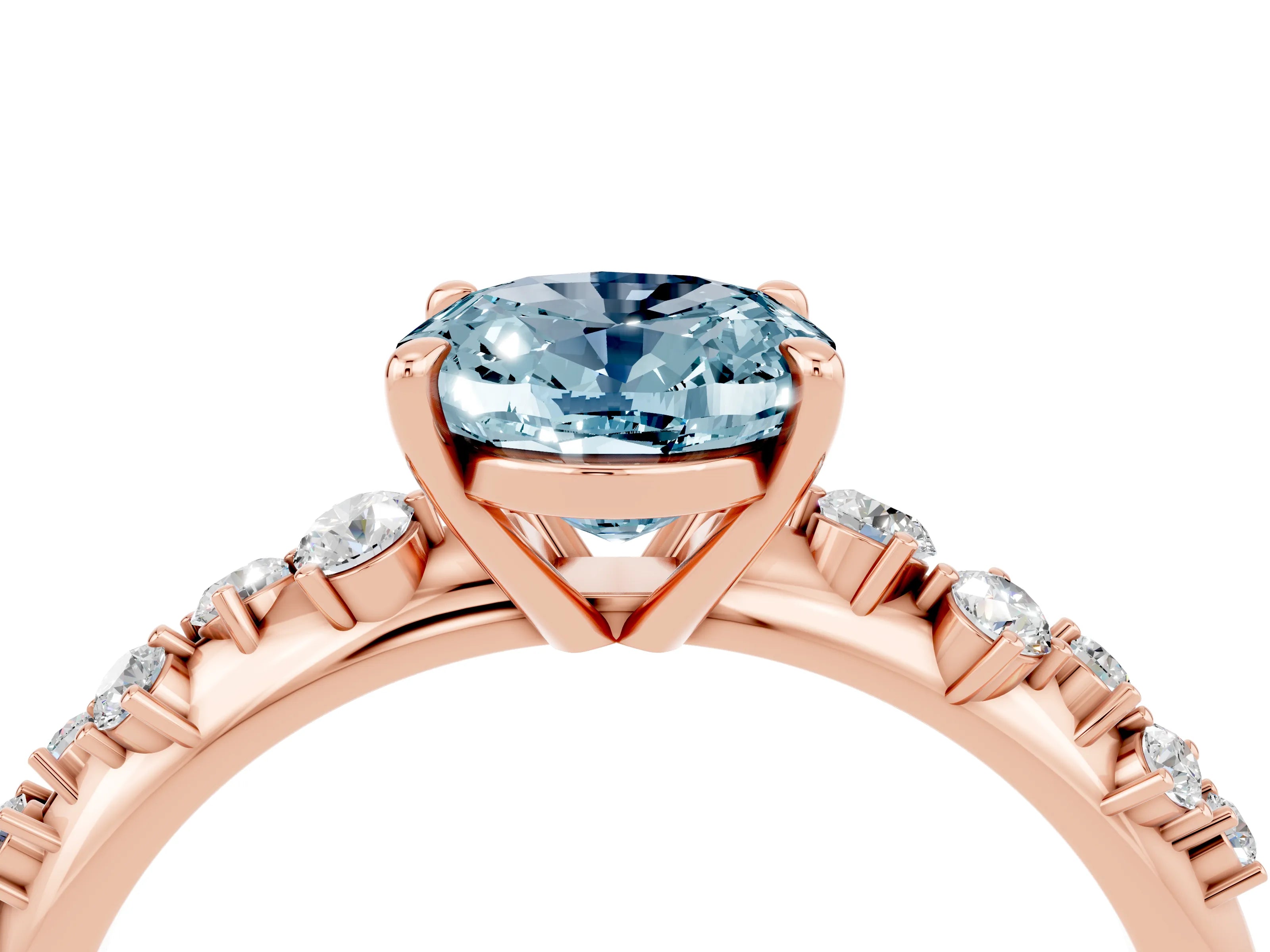 Rose gold Oval Cut Aquamarine Cluster Side Stone Solitaire Ring with Prong Setting_28