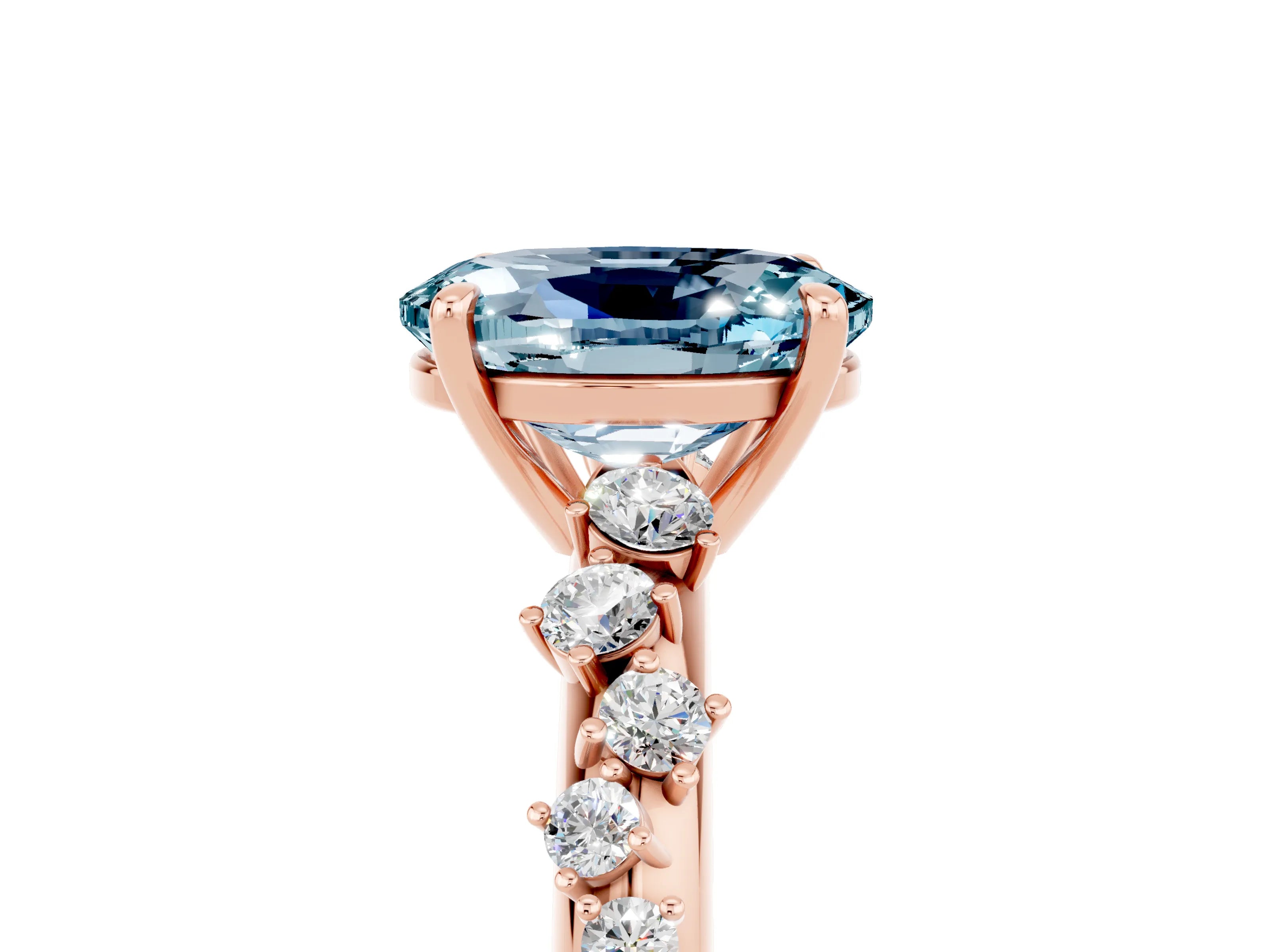 Rose gold Oval Cut Aquamarine Cluster Side Stone Solitaire Ring with Prong Setting_29