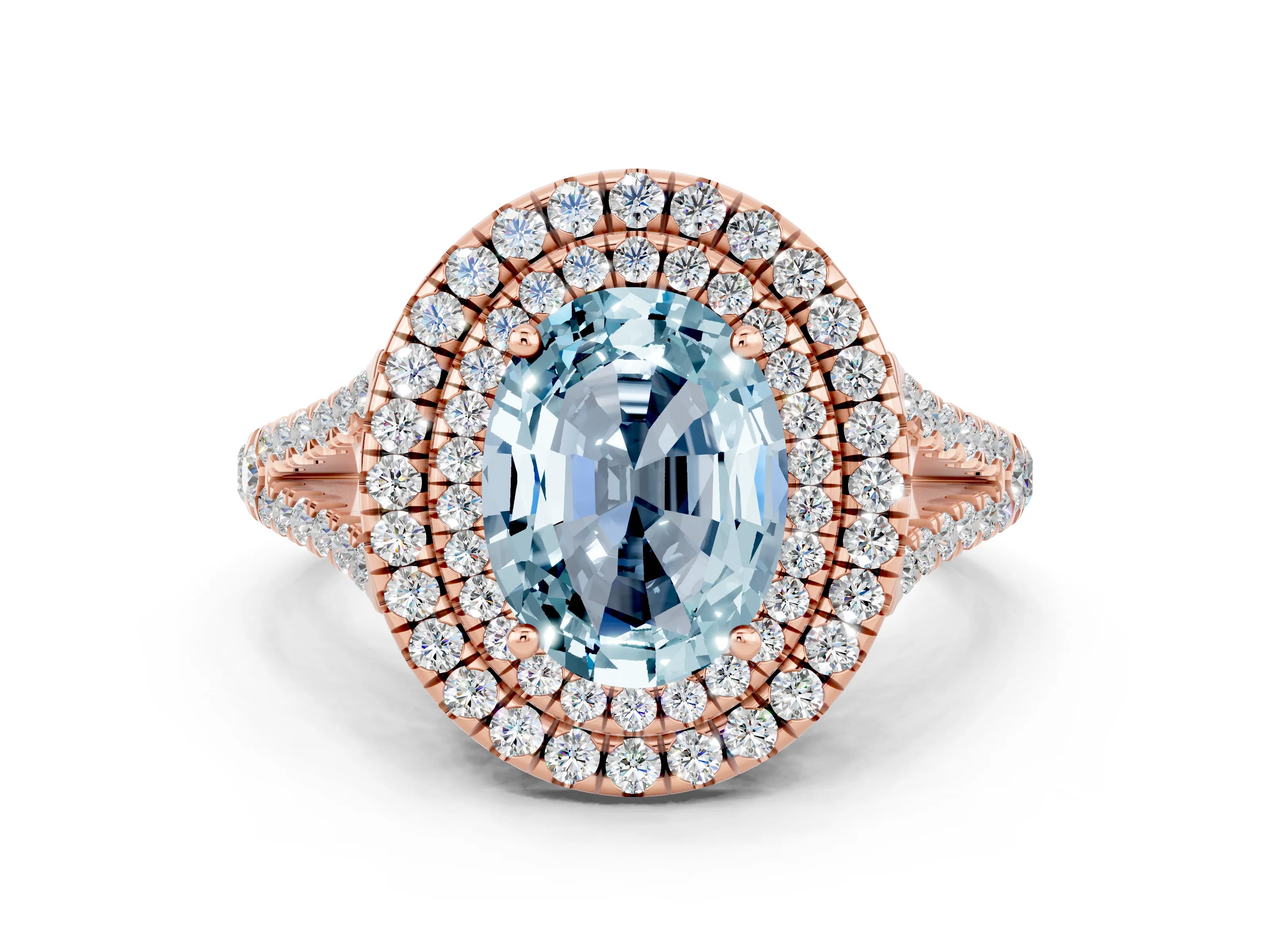 Rose gold Oval Cut Aquamarine Double Halo Ring with Pavé Band and Prong Setting_12