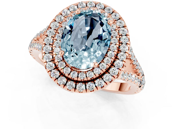 Rose gold Oval Cut Aquamarine Double Halo Ring with Pavé Band and Prong Setting
