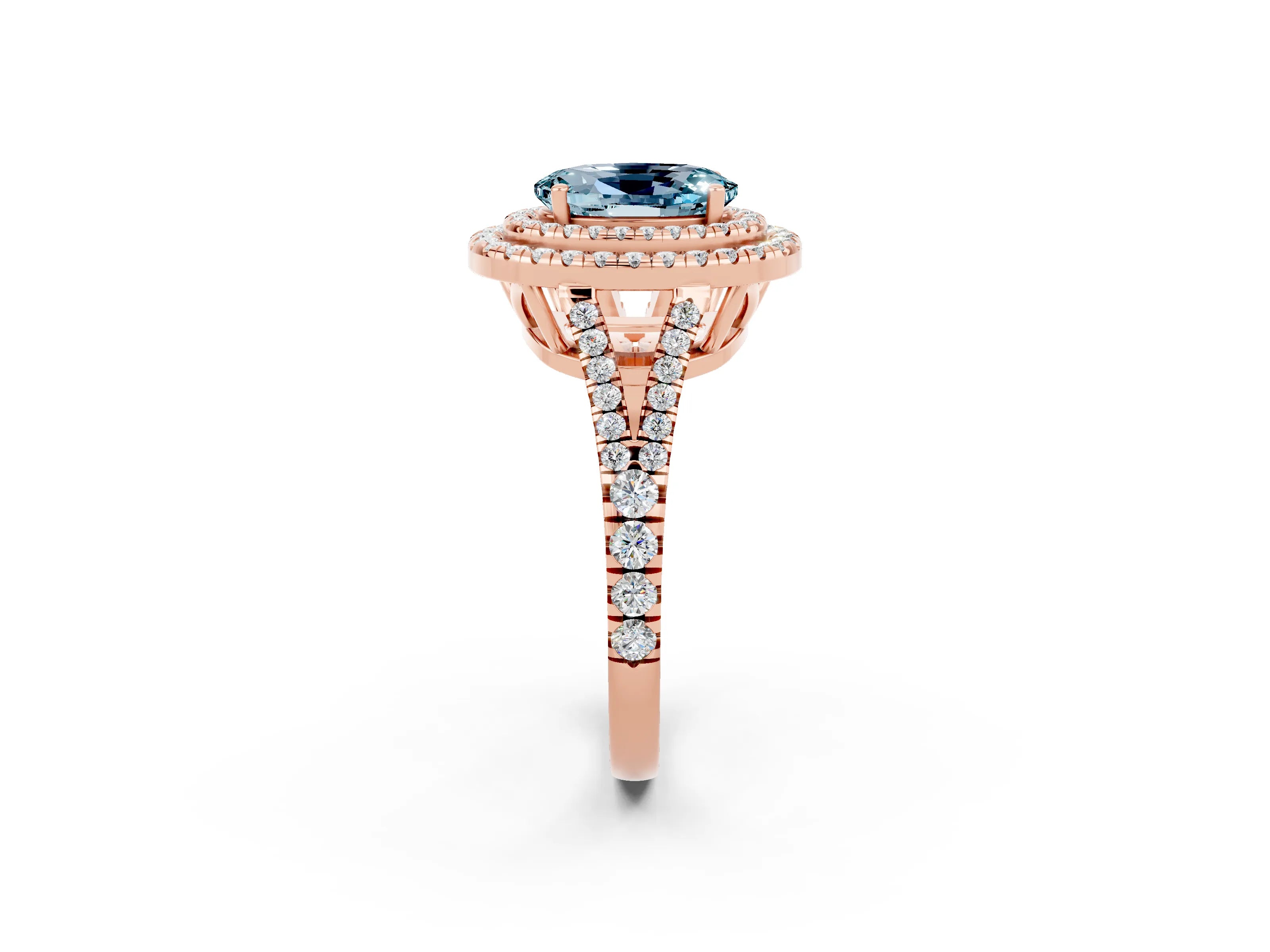 Rose gold Oval Cut Aquamarine Double Halo Ring with Pavé Band and Prong Setting_14