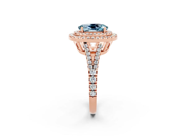 Rose gold Oval Cut Aquamarine Double Halo Ring with Pavé Band and Prong Setting