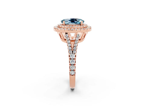 Rose gold Oval Cut Aquamarine Double Halo Ring with Pavé Band and Prong Setting_14