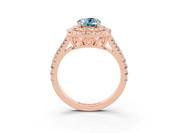 Rose gold Oval Cut Aquamarine Double Halo Ring with Pavé Band and Prong Setting