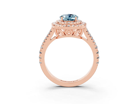 Rose gold Oval Cut Aquamarine Double Halo Ring with Pavé Band and Prong Setting_15