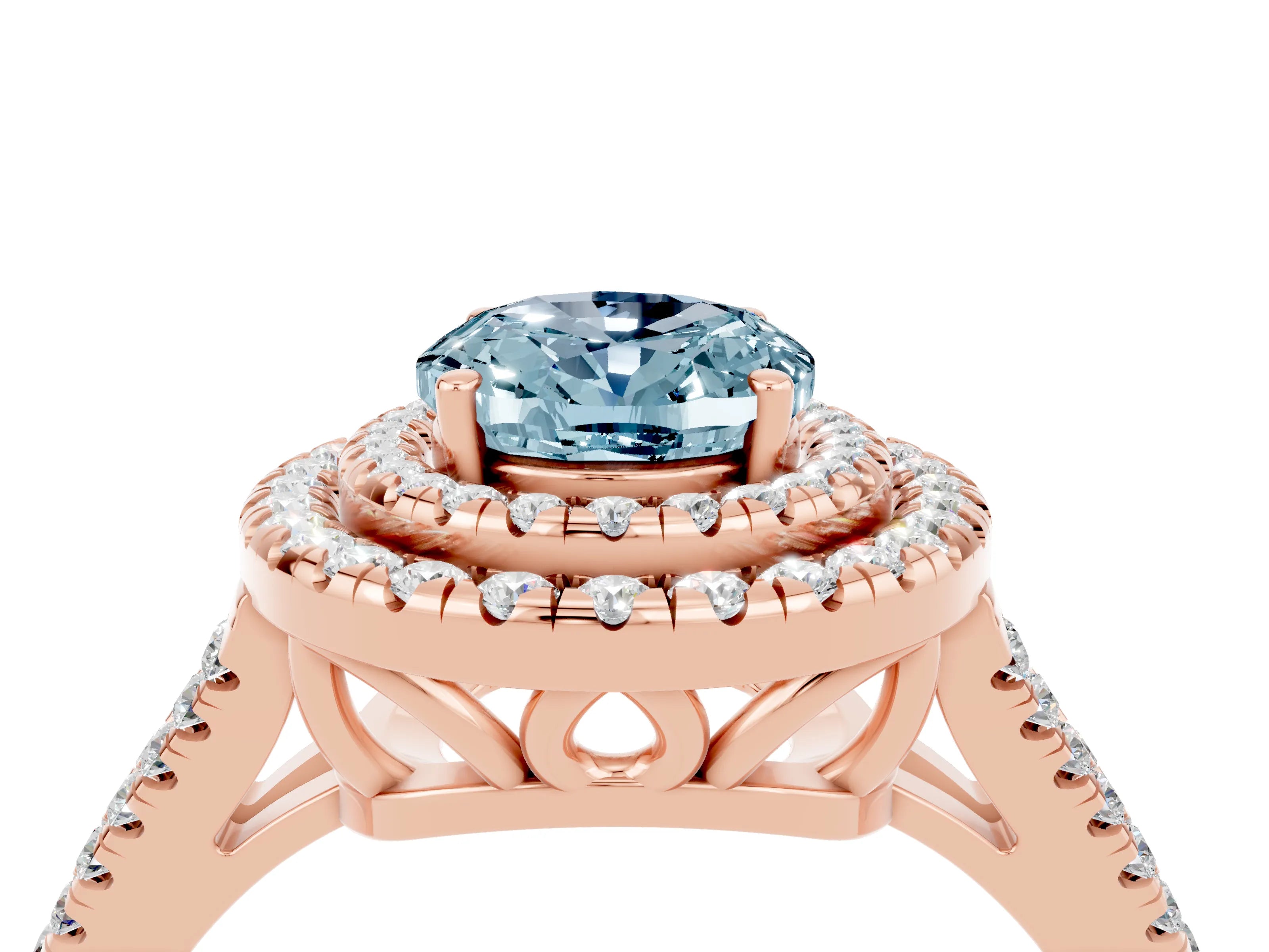 Rose gold Oval Cut Aquamarine Double Halo Ring with Pavé Band and Prong Setting_16