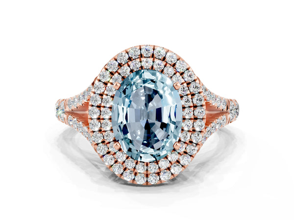 Rose gold Oval Cut Aquamarine Double Halo Ring with Split Shank and Prong Setting