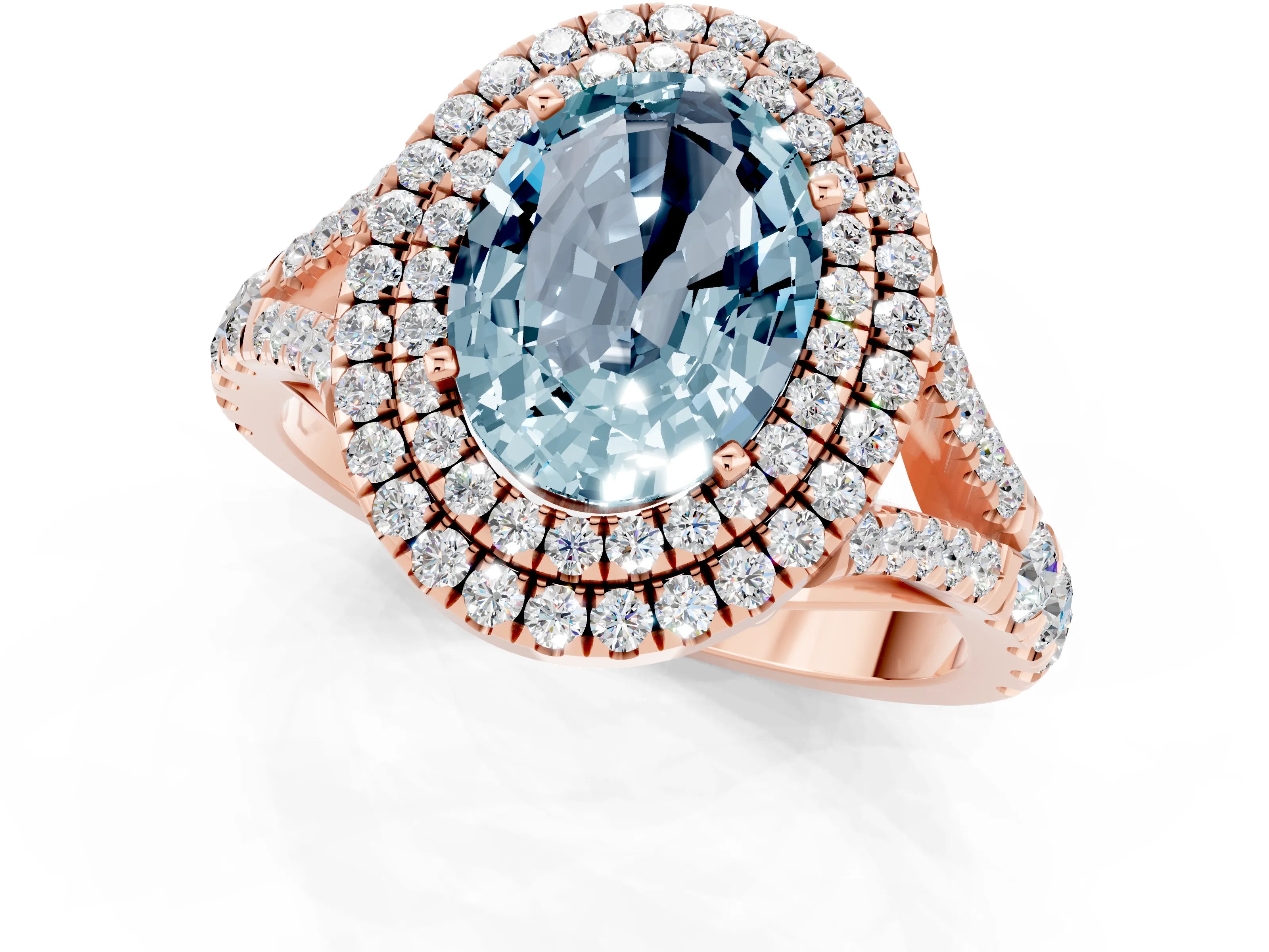 Rose gold Oval Cut Aquamarine Double Halo Ring with Split Shank and Prong Setting_13