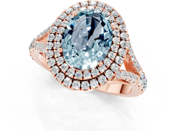 Rose gold Oval Cut Aquamarine Double Halo Ring with Split Shank and Prong Setting