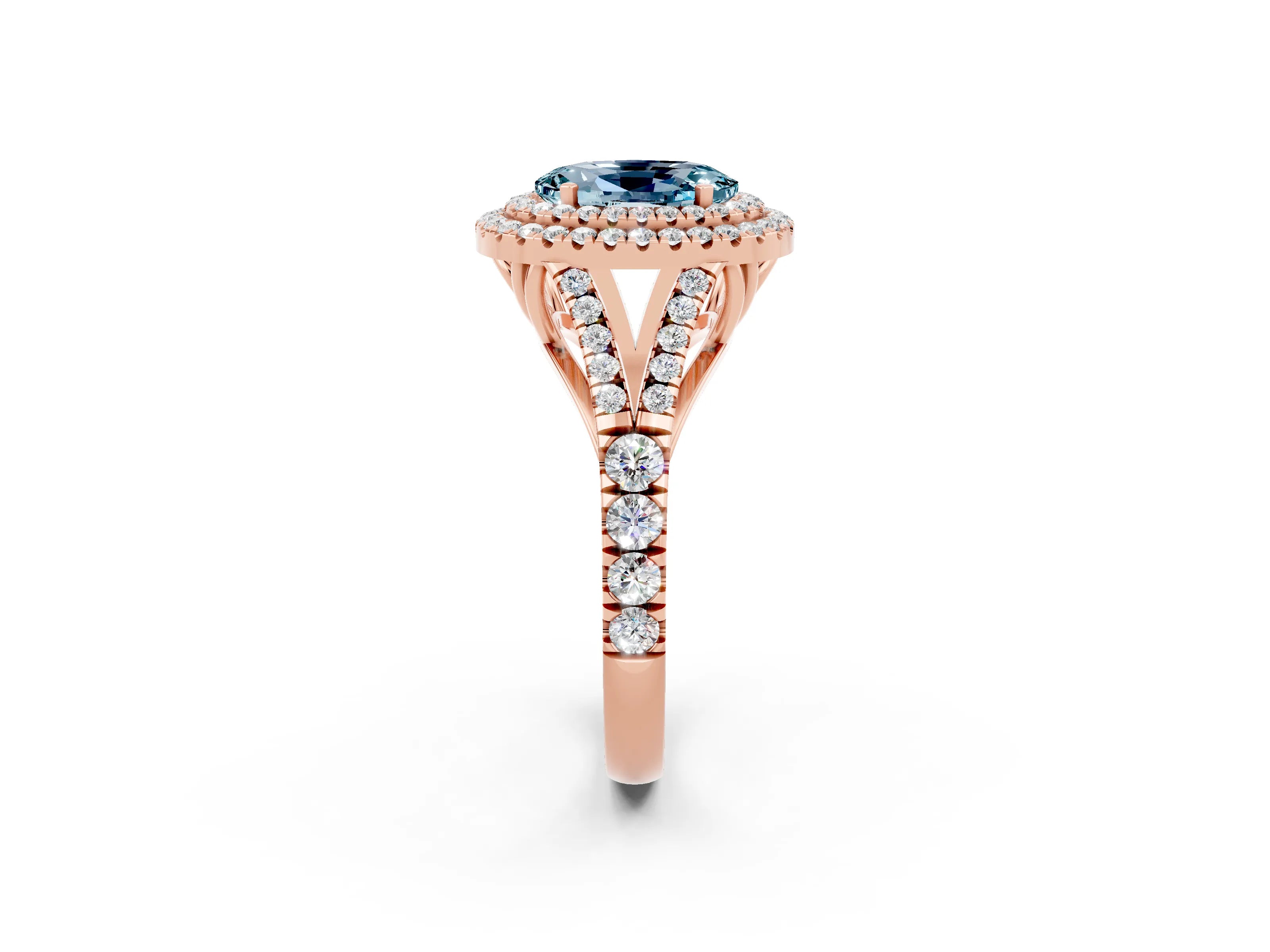 Rose gold Oval Cut Aquamarine Double Halo Ring with Split Shank and Prong Setting_14