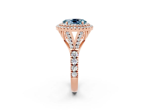 Rose gold Oval Cut Aquamarine Double Halo Ring with Split Shank and Prong Setting