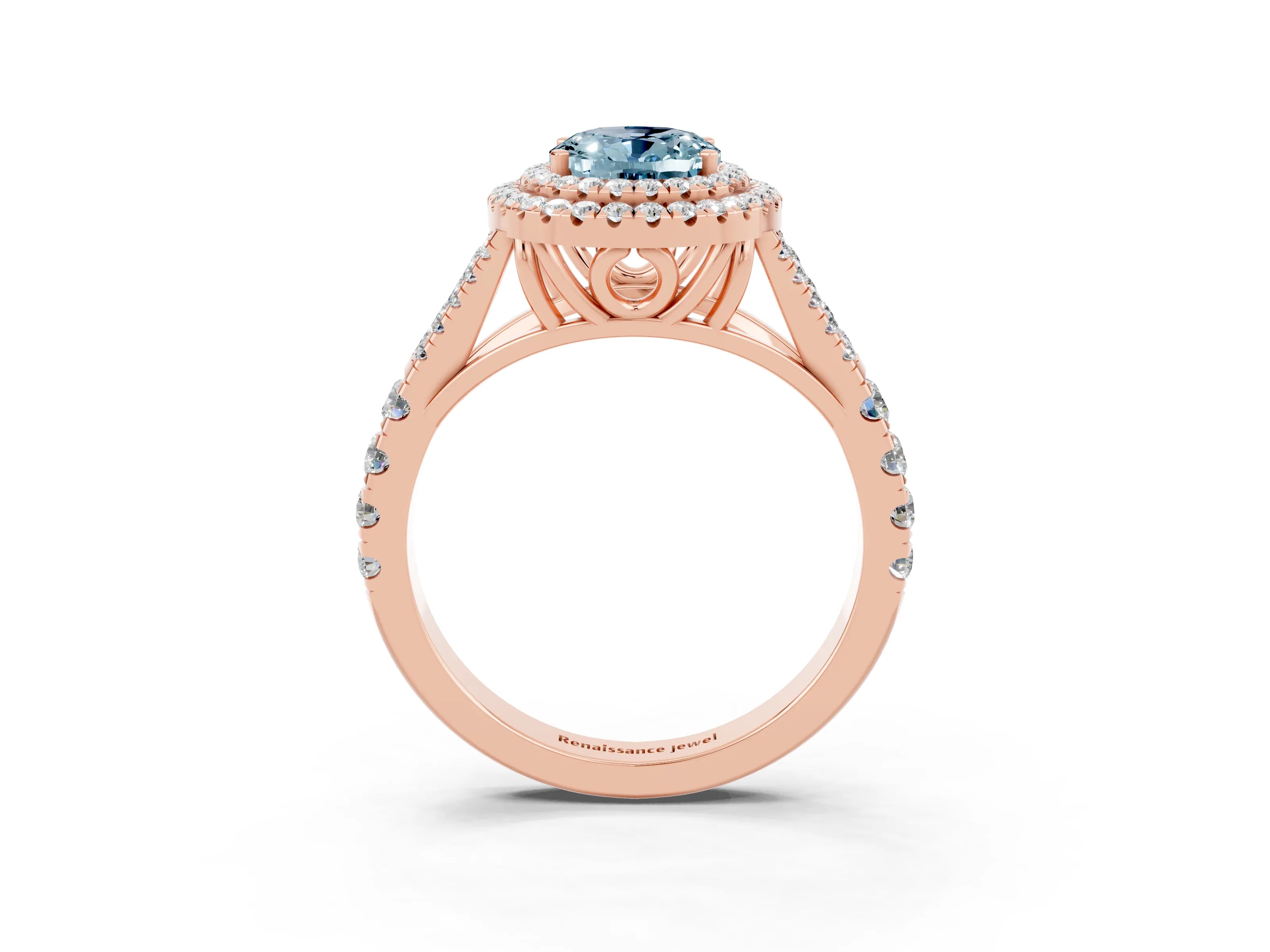 Rose gold Oval Cut Aquamarine Double Halo Ring with Split Shank and Prong Setting_15