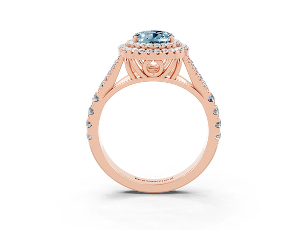 Rose gold Oval Cut Aquamarine Double Halo Ring with Split Shank and Prong Setting