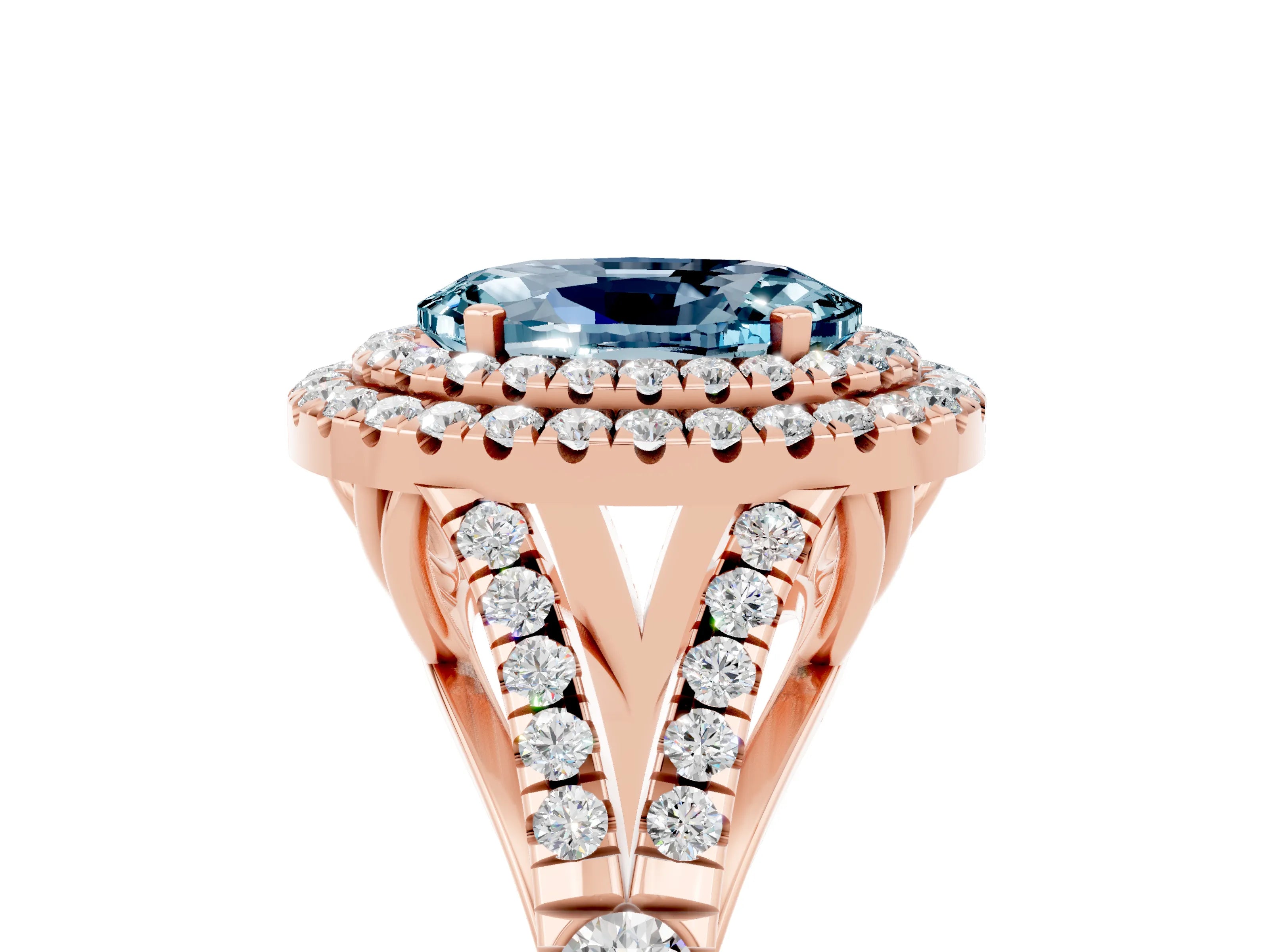 Rose gold Oval Cut Aquamarine Double Halo Ring with Split Shank and Prong Setting_17