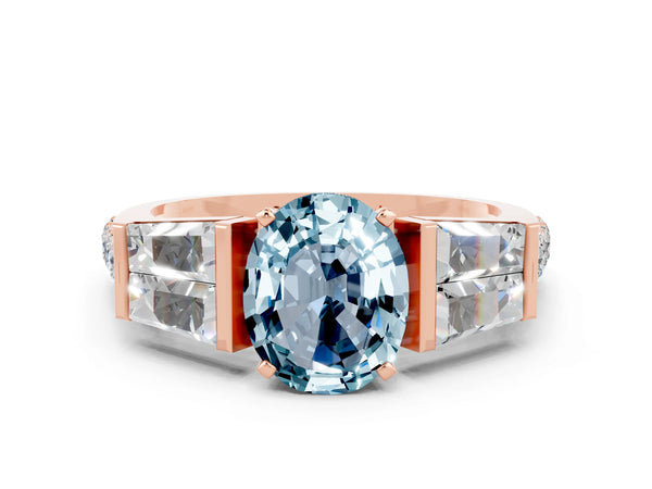 Rose gold Oval Cut Aquamarine Engagement Ring with Baguette Side Stones and Channel Set Band