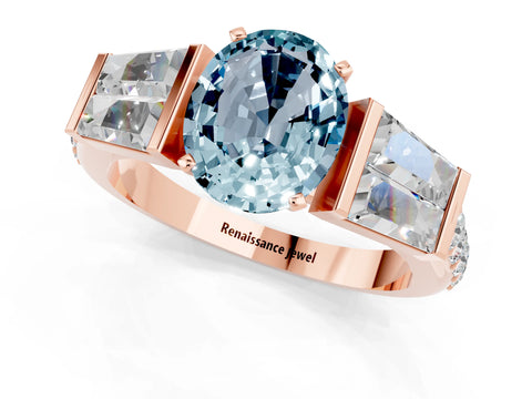 Rose gold Oval Cut Aquamarine Engagement Ring with Baguette Side Stones and Channel Set Band_1
