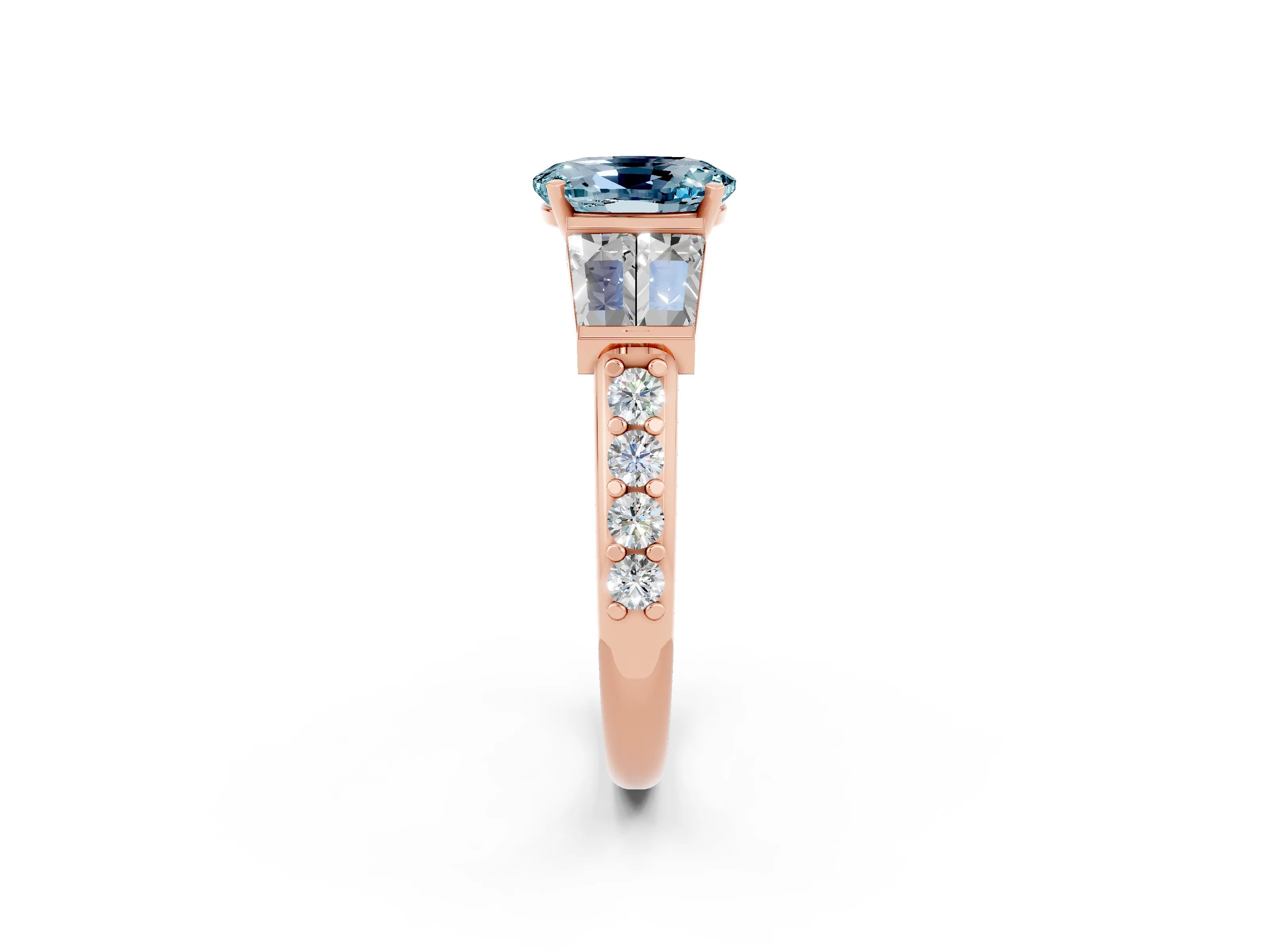 Rose gold Oval Cut Aquamarine Engagement Ring with Baguette Side Stones and Channel Set Band_2