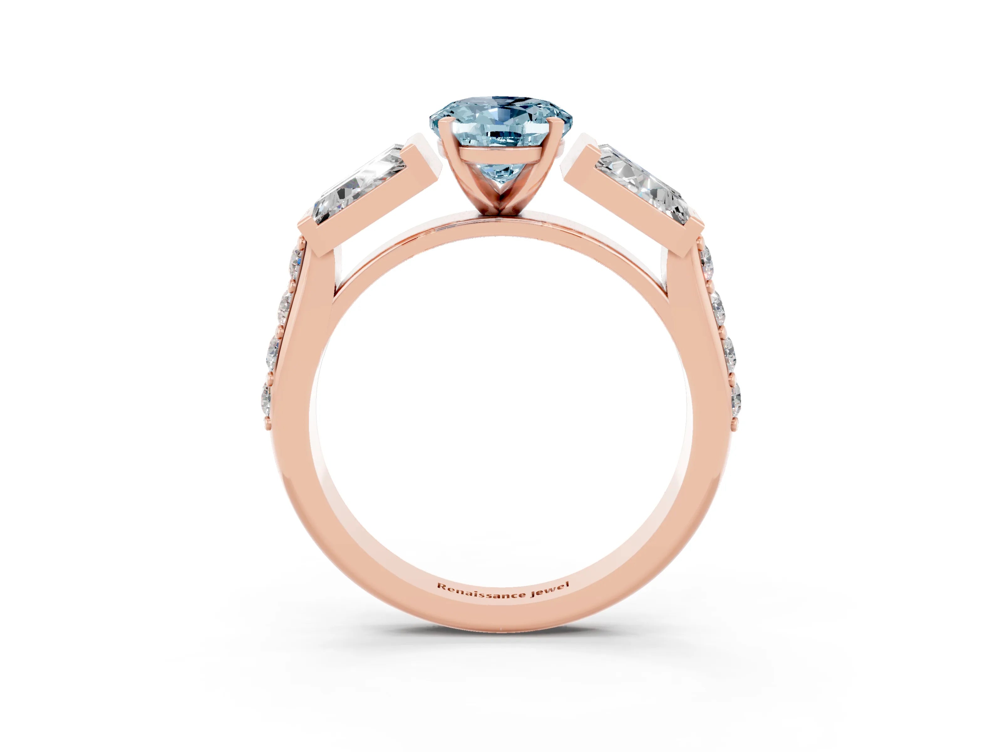 Rose gold Oval Cut Aquamarine Engagement Ring with Baguette Side Stones and Channel Set Band_3