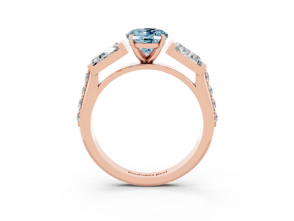 Rose gold Oval Cut Aquamarine Engagement Ring with Baguette Side Stones and Channel Set Band