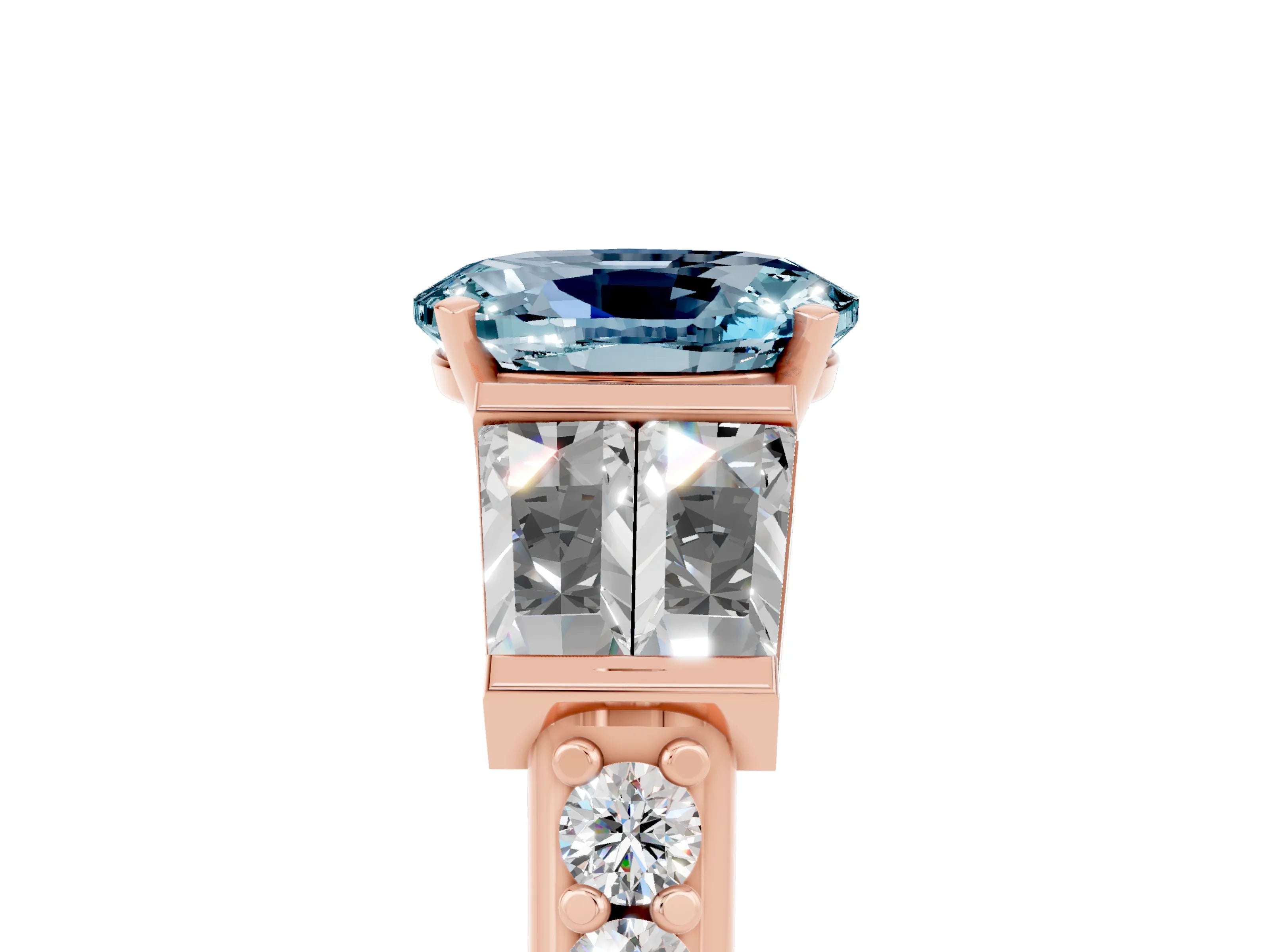 Rose gold Oval Cut Aquamarine Engagement Ring with Baguette Side Stones and Channel Set Band_5