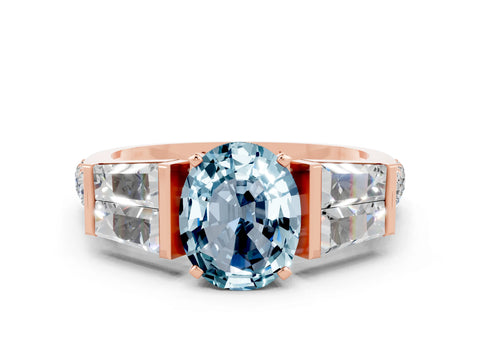 Rose gold Oval Cut Aquamarine Engagement Ring with Baguette Side Stones and Channel Set Band