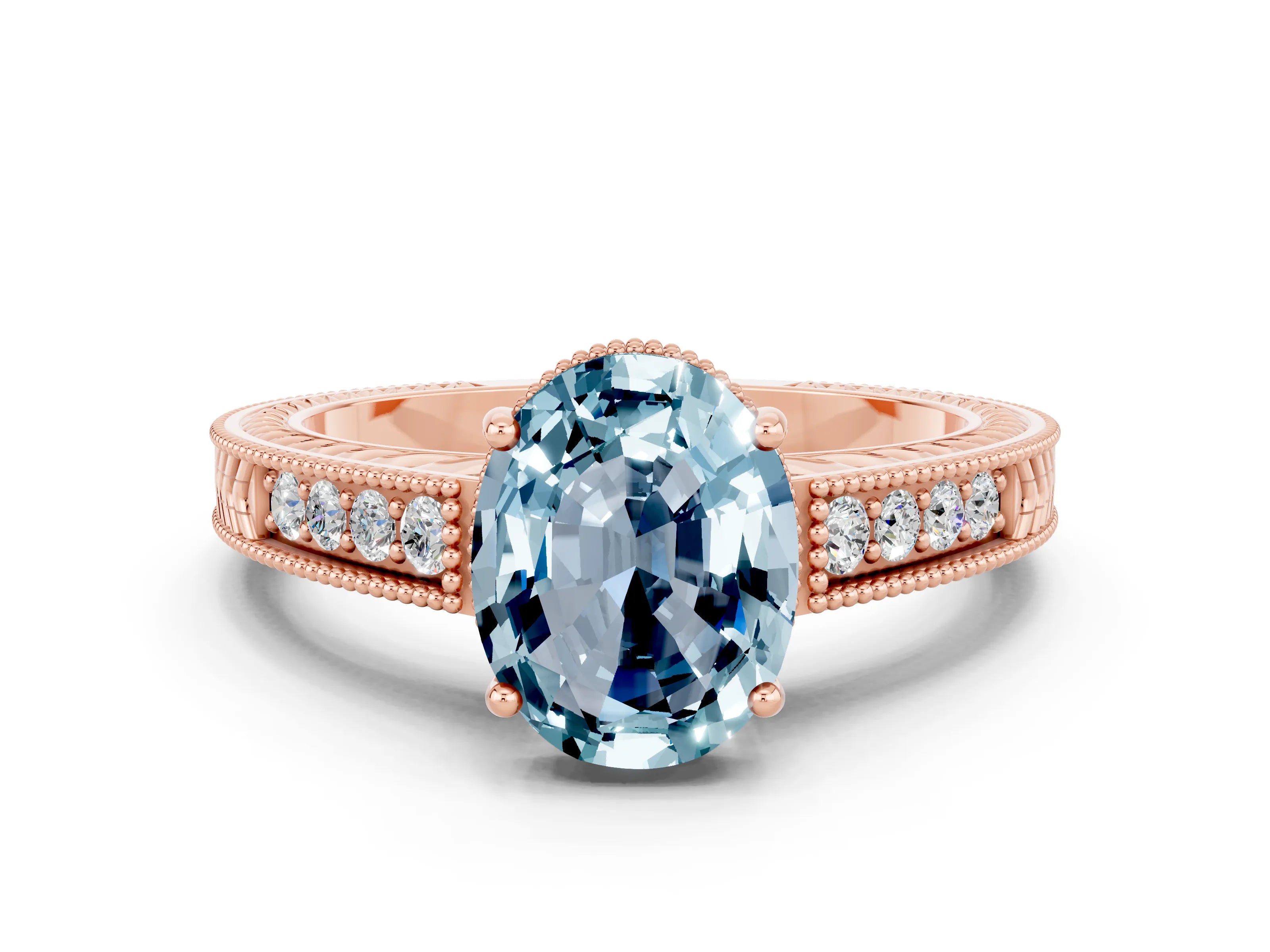 Rose gold Oval Cut Aquamarine Engagement Ring with Milgrain Channel Set Band and Prong Setting