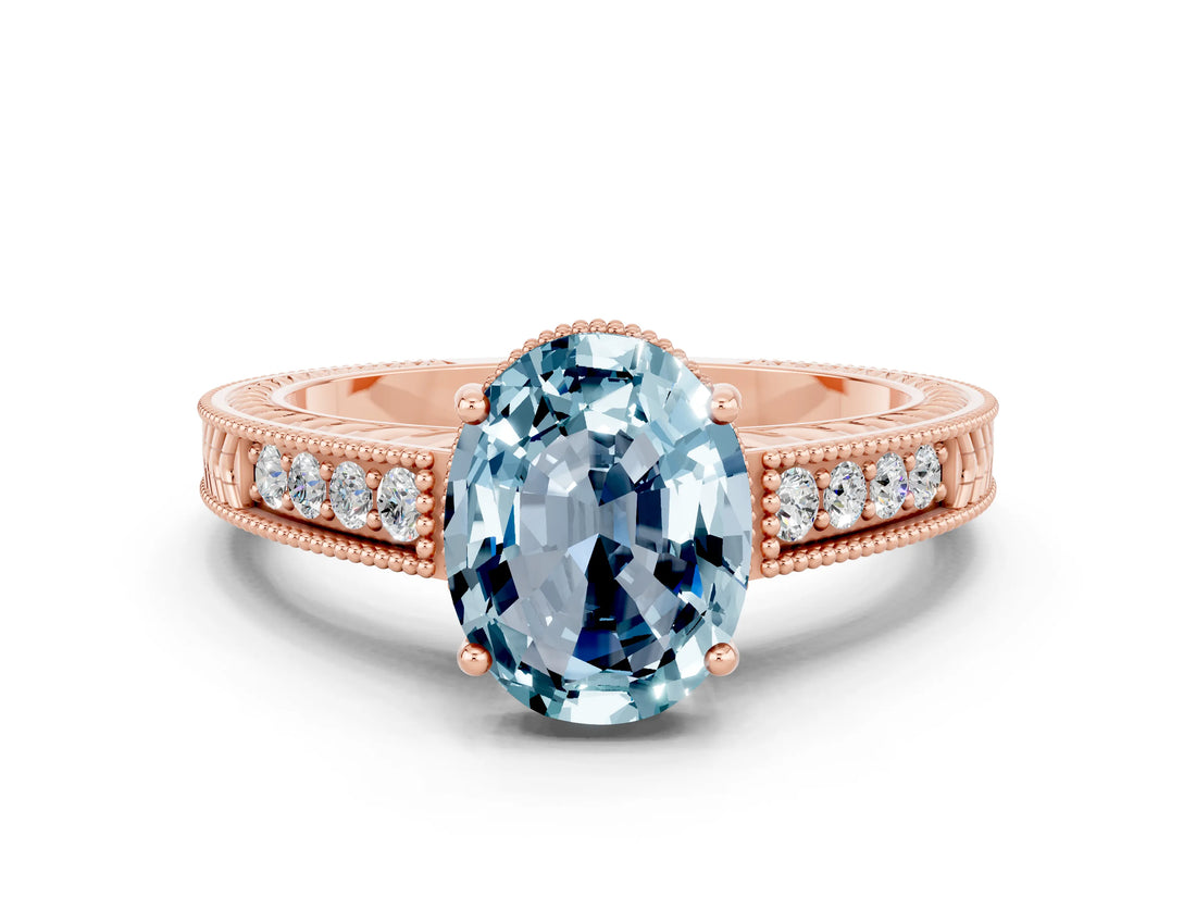 Rose gold Oval Cut Aquamarine Engagement Ring with Milgrain Channel Set Band and Prong Setting