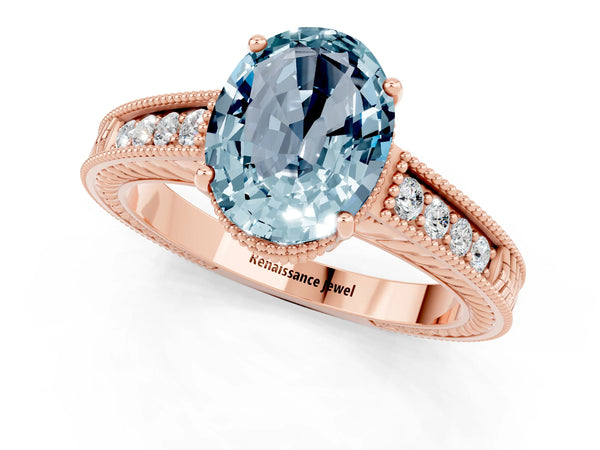 Rose gold Oval Cut Aquamarine Engagement Ring with Milgrain Channel Set Band and Prong Setting