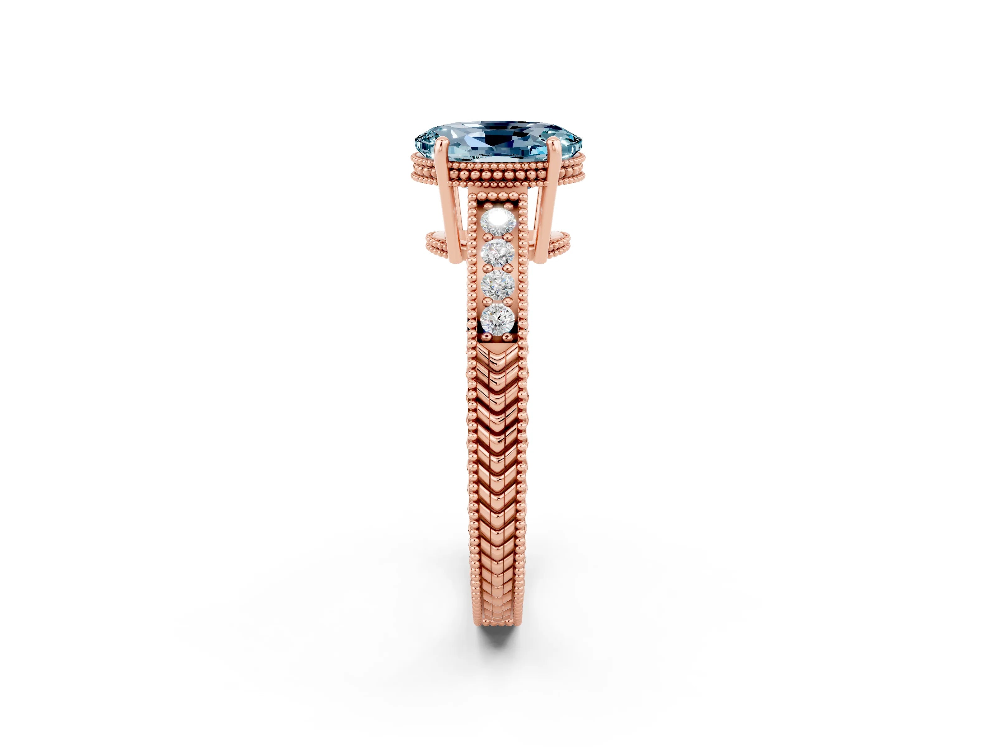 Rose gold Oval Cut Aquamarine Engagement Ring with Milgrain Channel Set Band and Prong Setting_2