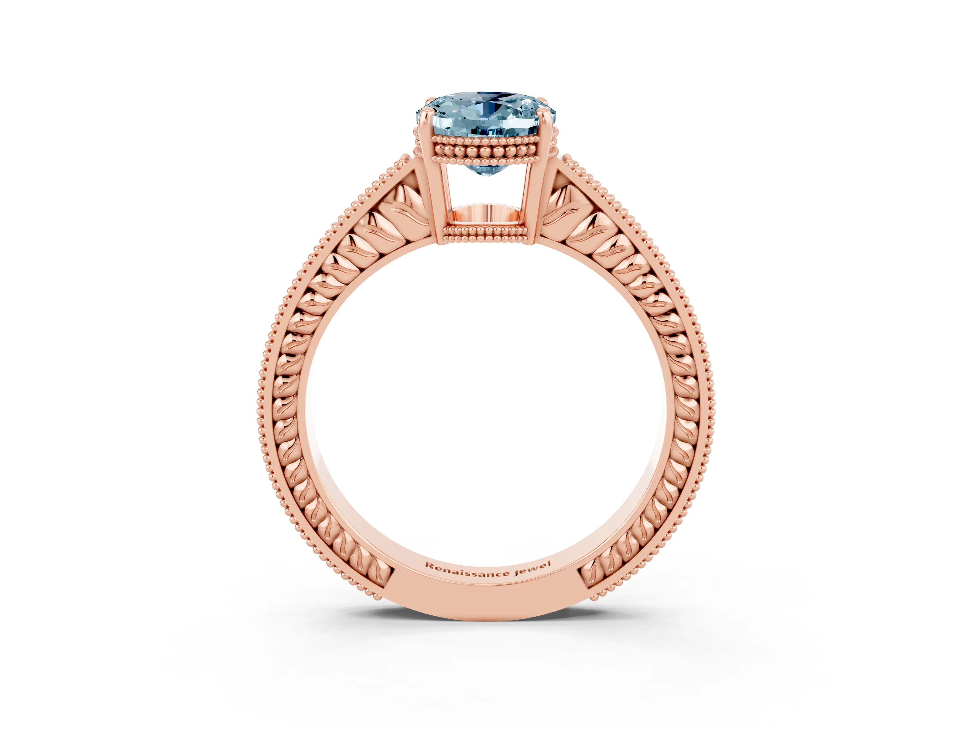 Rose gold Oval Cut Aquamarine Engagement Ring with Milgrain Channel Set Band and Prong Setting_3