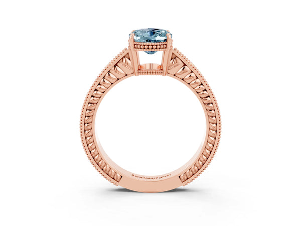Rose gold Oval Cut Aquamarine Engagement Ring with Milgrain Channel Set Band and Prong Setting