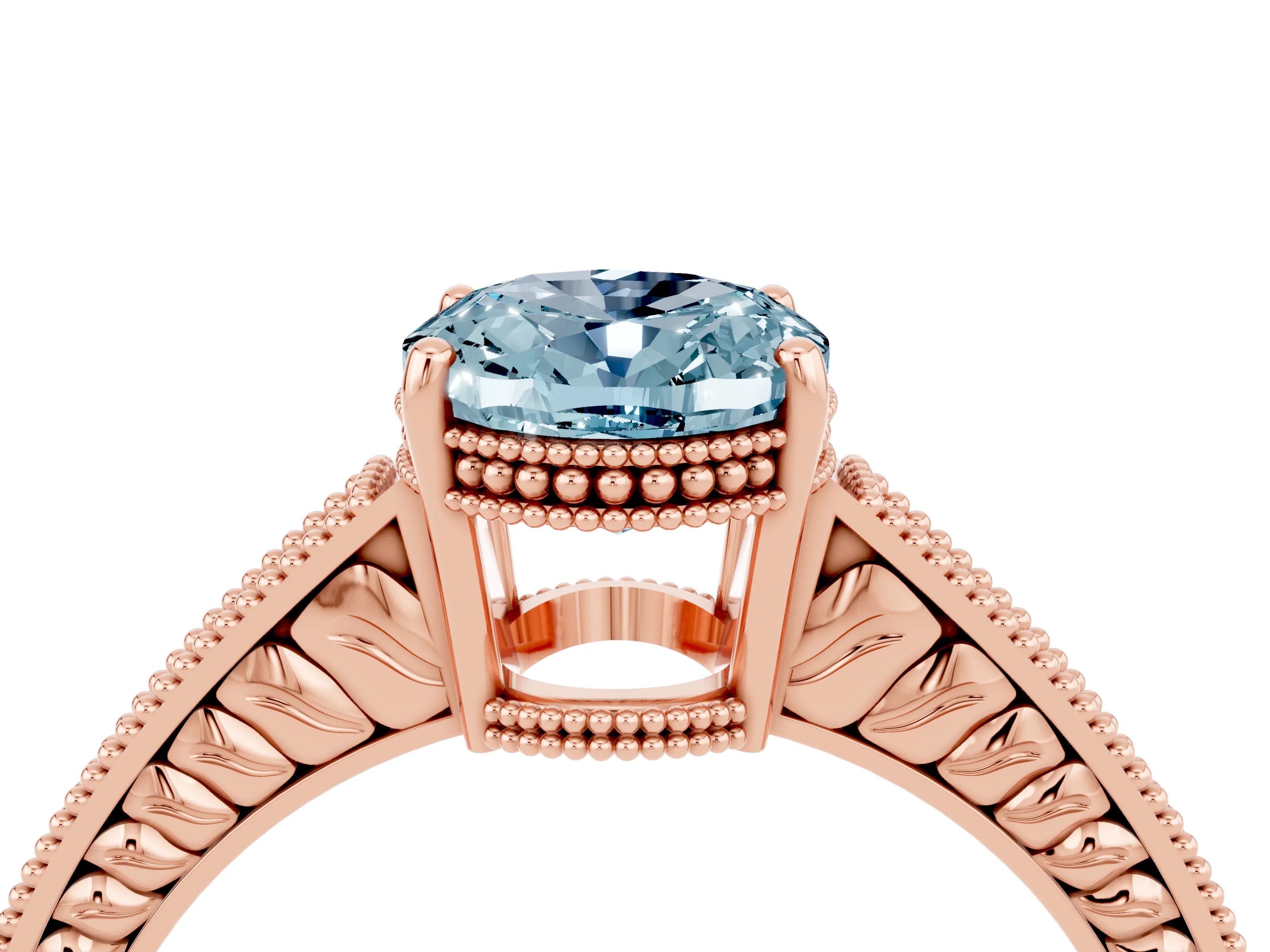 Rose gold Oval Cut Aquamarine Engagement Ring with Milgrain Channel Set Band and Prong Setting_4