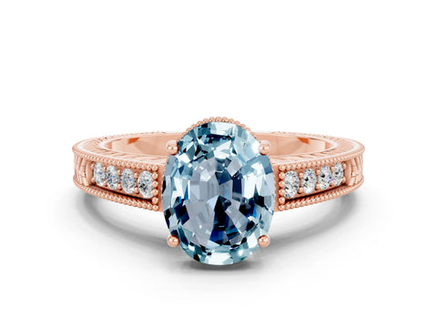 Rose gold Oval Cut Aquamarine Engagement Ring with Milgrain Channel Set Band and Prong Setting