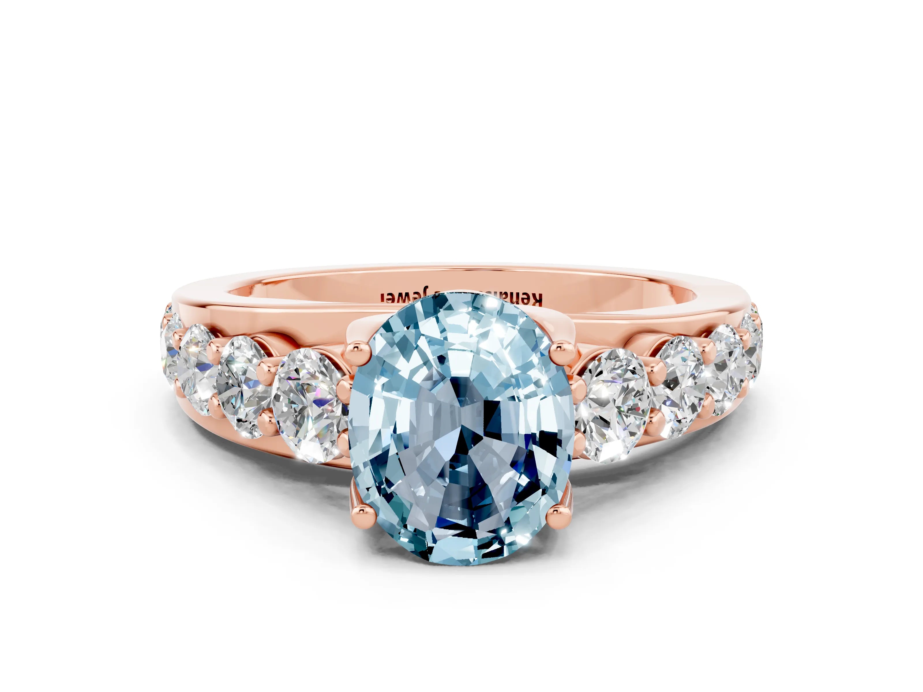 Rose gold Oval Cut Aquamarine Engagement Ring with Pavé Band and Four-Prong Setting