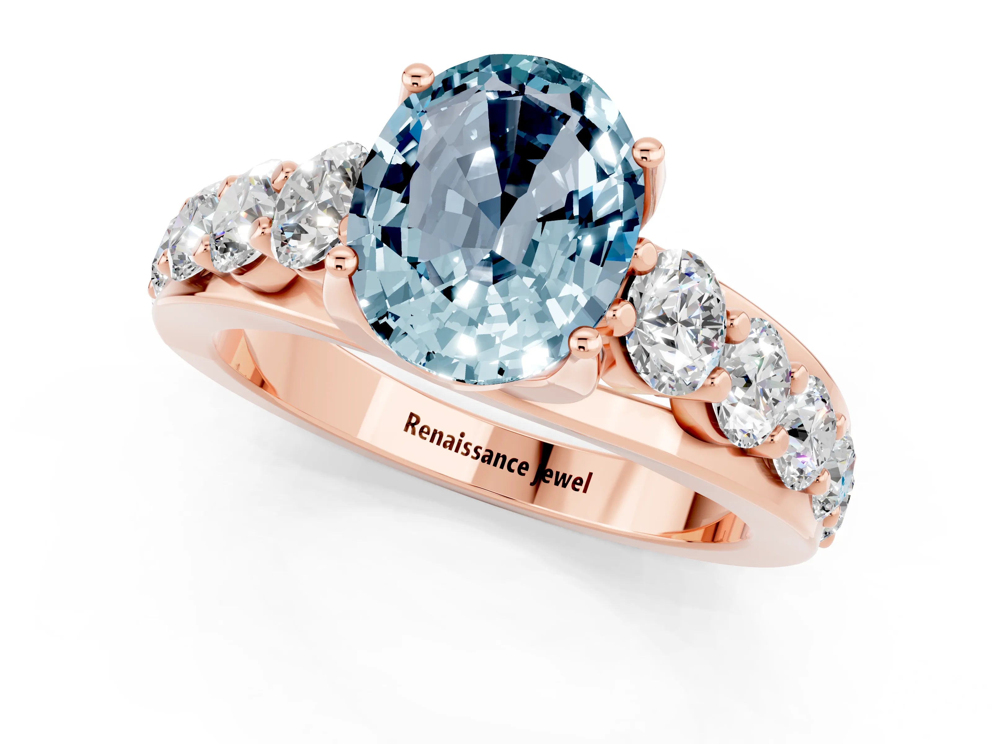Rose gold Oval Cut Aquamarine Engagement Ring with Pavé Band and Four-Prong Setting_1