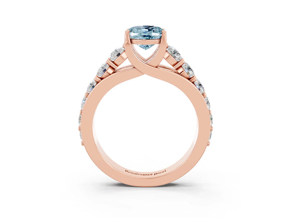 Rose gold Oval Cut Aquamarine Engagement Ring with Pavé Band and Four-Prong Setting